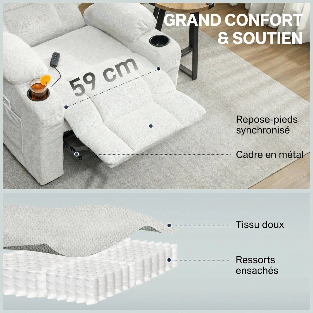 Poltrona Relax Elettrica 94x90x105 cm Reclinabile 150° con Poggiapiedi Funzione Memory Telecomando in Velluto Crema