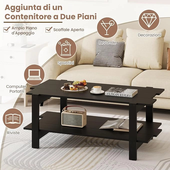 Tavolino da Caffè a 2 Ripiani, Tavolino Rettangolare da Salotto in Legno con Mensola di Stoccaggio, Ideale per Ufficio e Soggiorno, 115 x 59 x 46 cm (Nero)