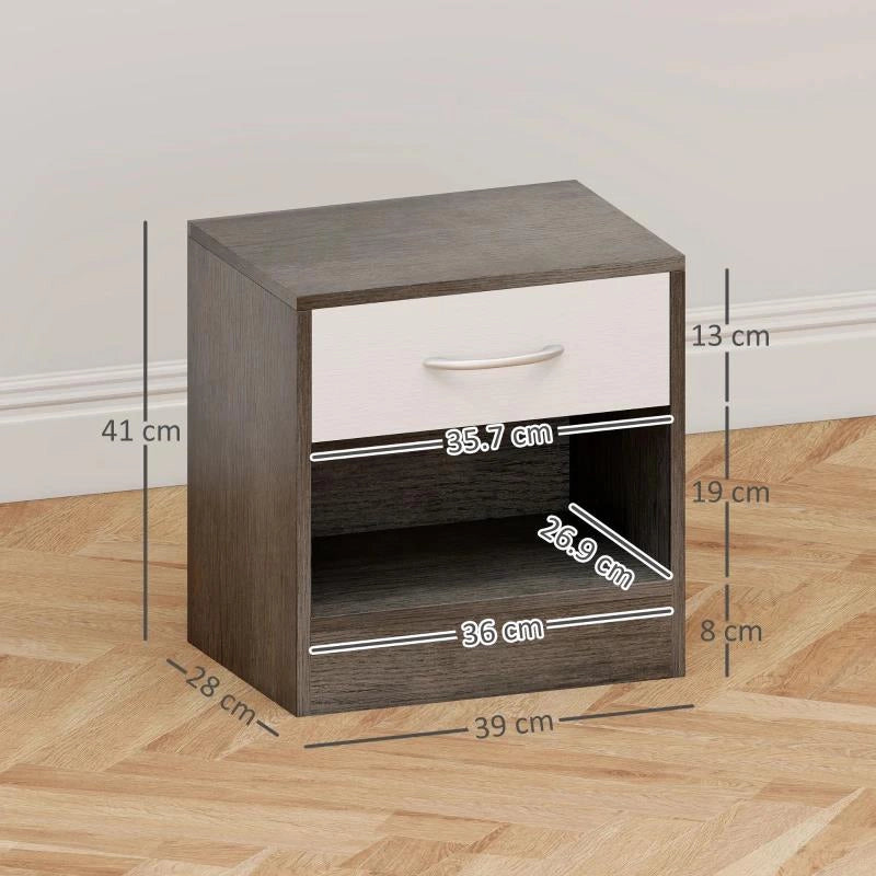 SET 2 COMODINI MODERNI CON RIPIANO APERTO E CASSETTO, IN LEGNO, 39X28X41 CM, BIANCO E GRIGIO SCURO