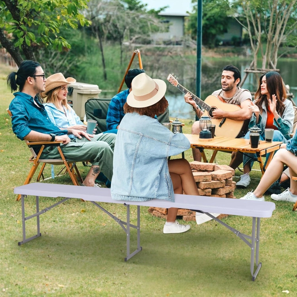 Panca da birra pieghevole per 4 persone, 182 cm, in plastica, pieghevole, da giardino, da campeggio, per esterni, resistente alle intemperie, con maniglia per il trasporto, panca pieghevole
