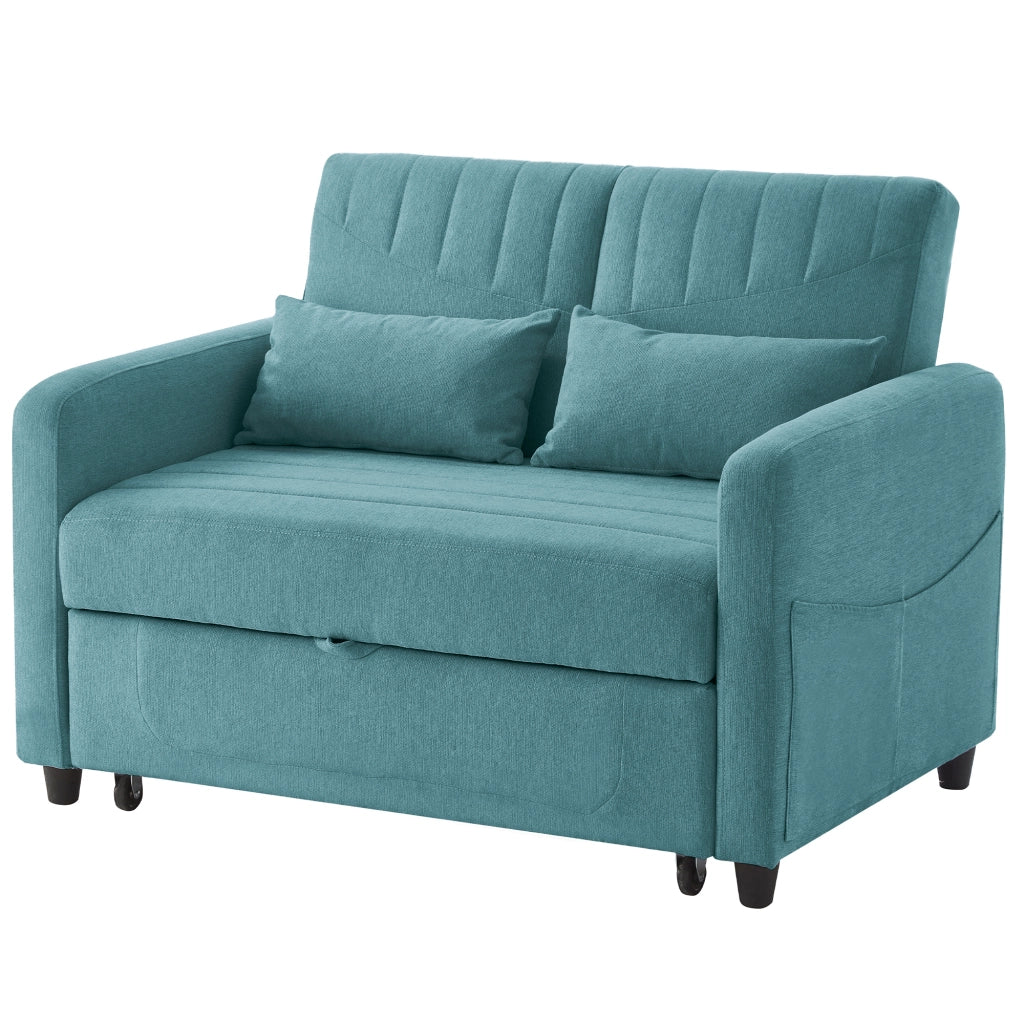 OKWISH Divano Letto 2 Posti, Design Estraibile con Schienale Regolabile a 3 Posizioni e 2 Cuscini, Tessuto Cotone Lino, Blu Verde Anticato