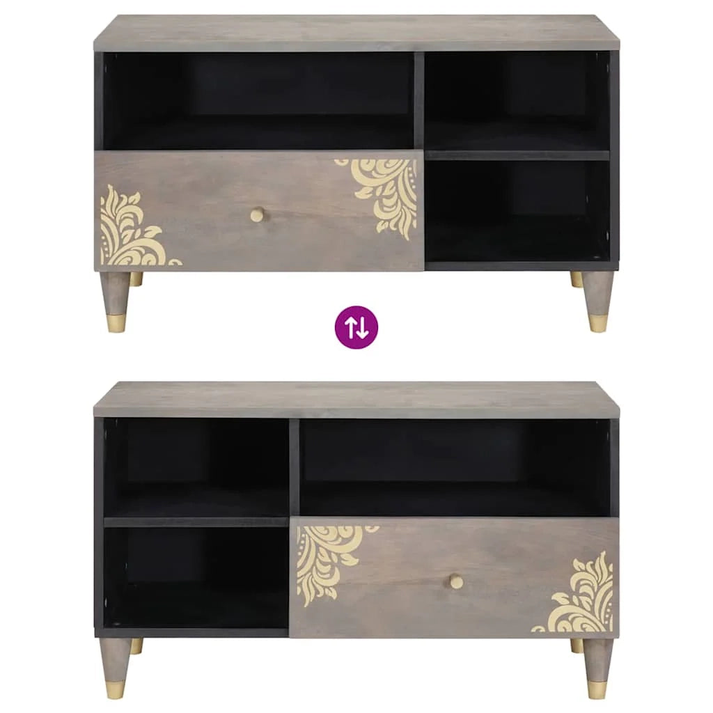 Mobile porta TV rettangolare moderno 80 x 33 x 46 cm elegante con pomelli in ottone in legno di mango grigio 02_0057885