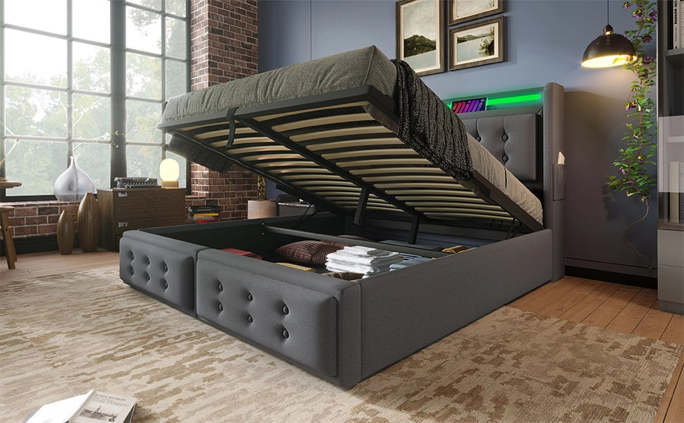 DESMIU Lit Contenitore 180 × 200 cm 2 posti con LED, presa, USB e Type-C, senza materasso, in cotone lino, grigio