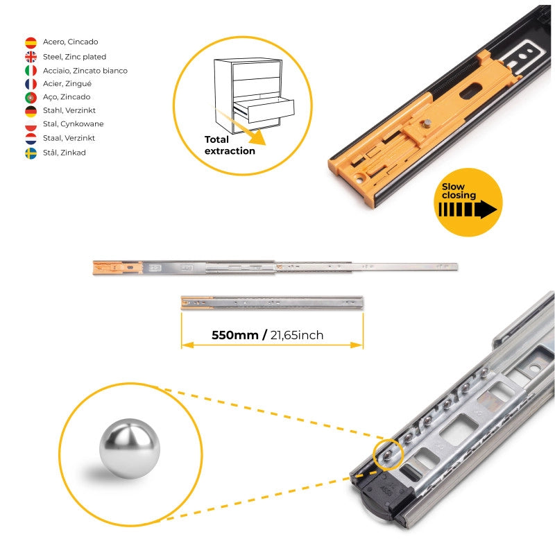 Set di guide a sfere per cassetti con estrazione totale e chiusura soft, altezza 45 mm, lunghezza 600 mm, Acciaio, Zin..