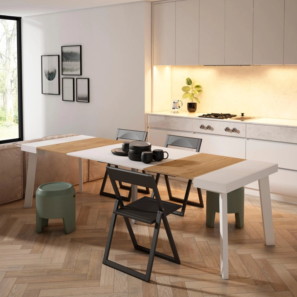 Consolle allungabile, 262x90x73cm, Per 12 persone, Gambe in legno, colore Rovere e bianco RF3116