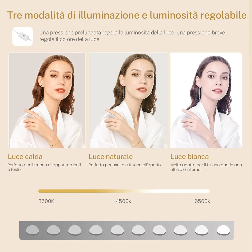 Toilette da trucco con luci, luminosità regolabile, specchio e spina, tavolo da toeletta con 7 cassetti, 3 ripiani, cassettiera moderna, camera da letto, bianco
