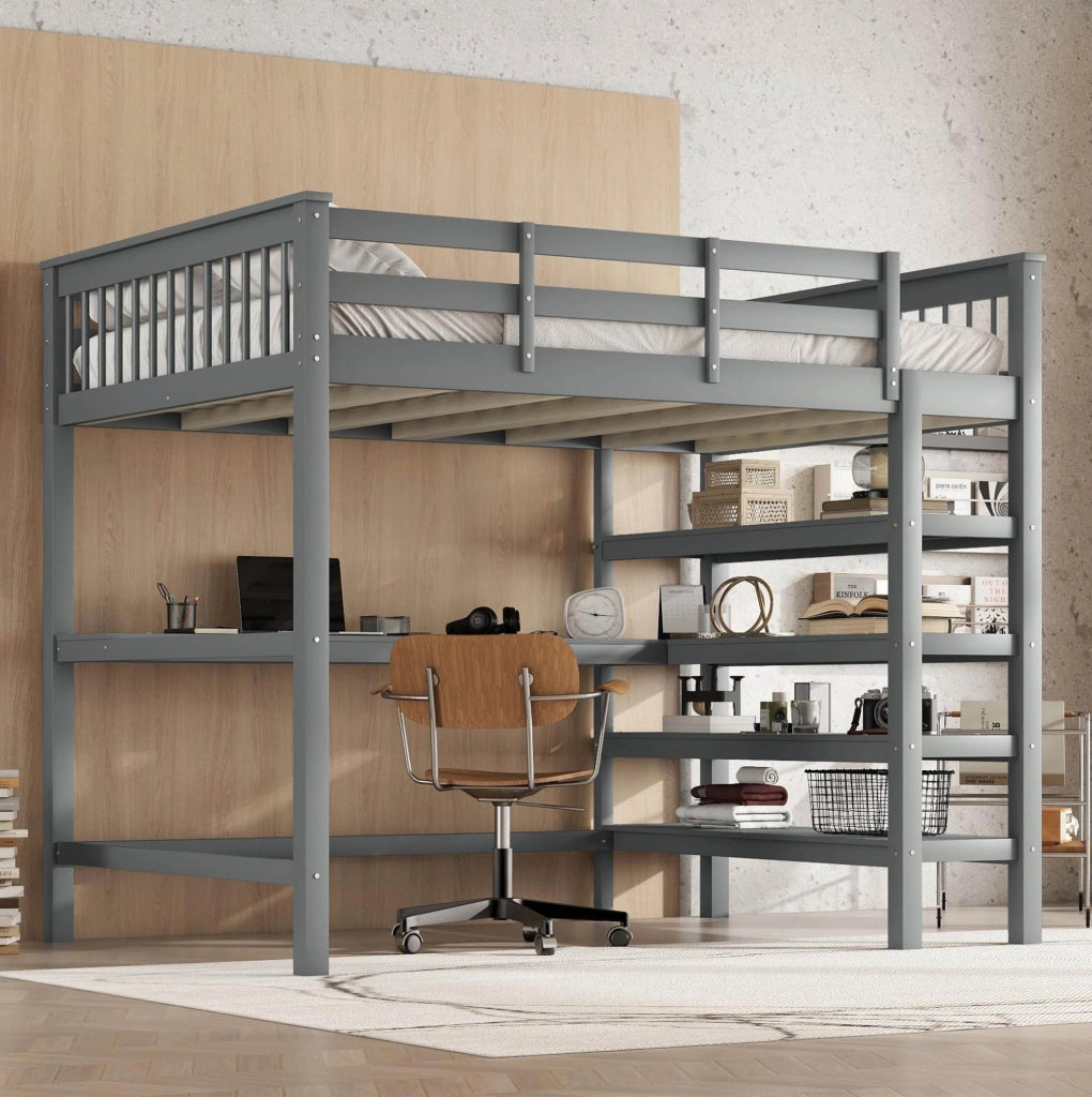 Letto a soppalco 140x200 cm grigio con scrivania e ripiani, legno di pino e MDF