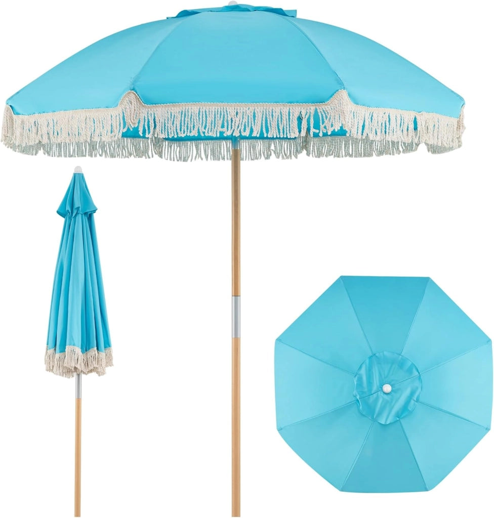 Ombrellone da spiaggia 170 cm, ombrellone rotondo con bastone di legno, ombrellone terrazza esterna inclinabile a 30° con 8 aste e doppio strato ventilato, per giardino, balcone