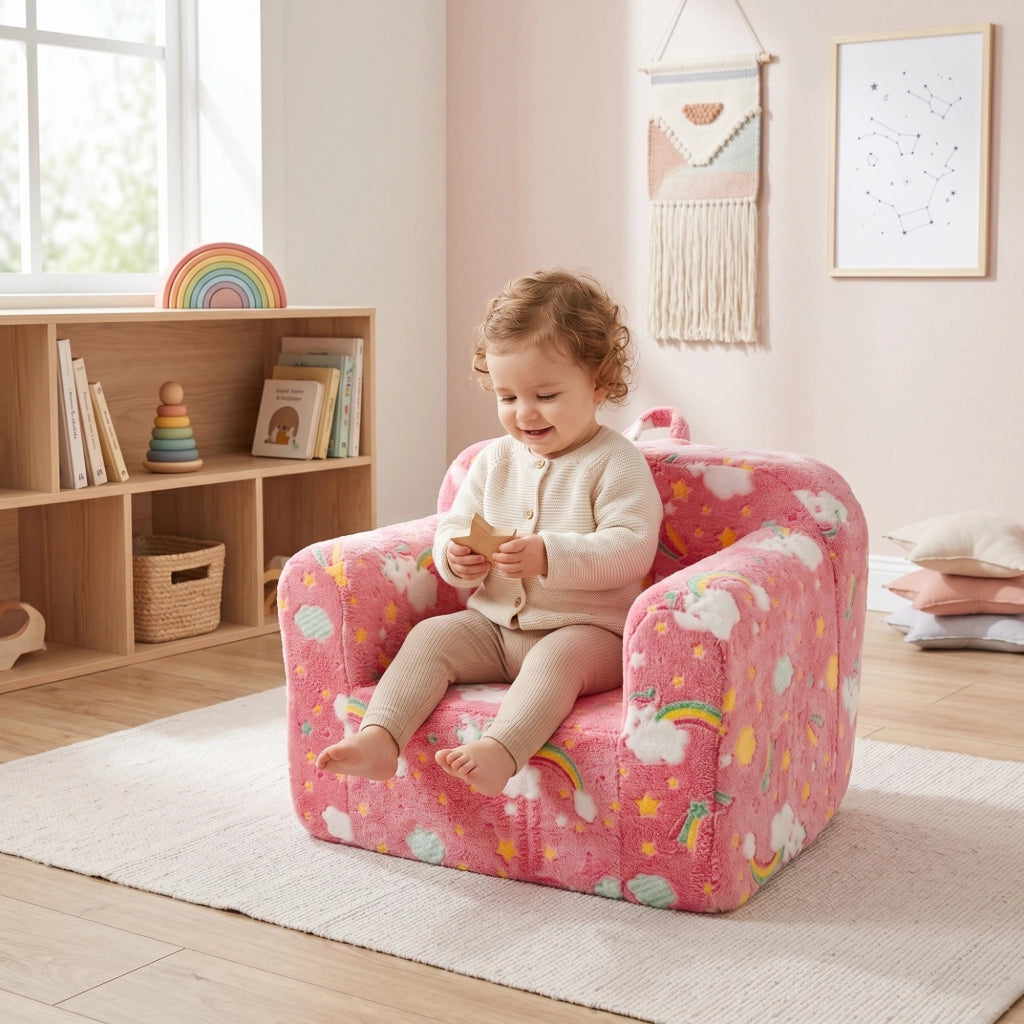 Poltrona per bambini in tessuto con braccioli, fodera sfoderabile e motivo luminoso, leggera, in schiuma rosa