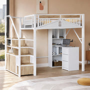 Letto a soppalco in metallo 140x200 cm con scala laterale; vano contenitore e rete finestra; bianco