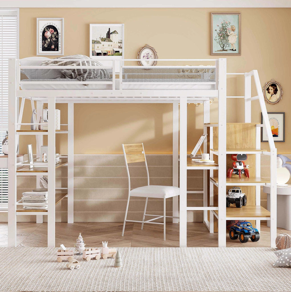 Letto a soppalco 140x200 cm in metallo con scrivania; scaffale a tre livelli e armadio; bianco
