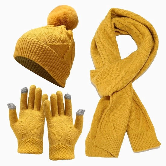 Set invernale - Cappello, sciarpa e guanti a maglia - 3 pezzi - Doppia imbottitura e impermeabile - Caldo e comodo - Giallo