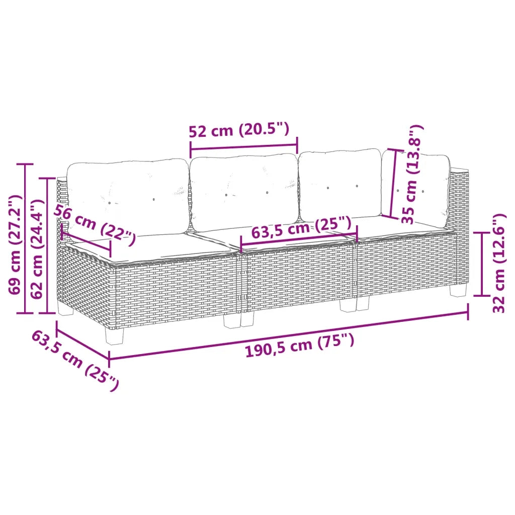 Divano da Giardino a 3 Posti con Cuscini-Sofa da Giardino-Divano da esterno Nero in Polyrattan 875500