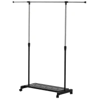 Stender Appendiabiti Estensibile con Ruote, Asta in Acciaio Inox e Ripiano per Scarpe 159x42x168 cm Nero e Argento
