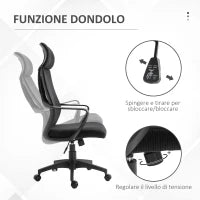 Sedia da Ufficio Reclinabile con Poggiatesta e Supporto Lombare, in Poliestere, 64x55x116-126 cm, Nero