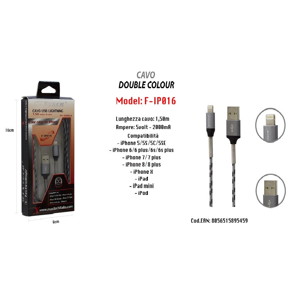 Trade Shop - Cavo Usb Double Colour Iphone Ipad Ipod 5volt - 2000ma 1,50 Mt Maxtech F-ip016 -