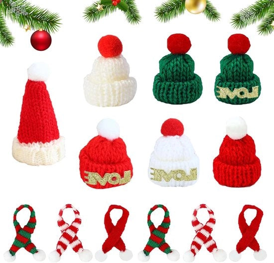 Set di 13 Mini Cappelli e Sciarpe di Pelle di Vilt - Decorazione di Natale per Bottiglie di Vino e Tavola
