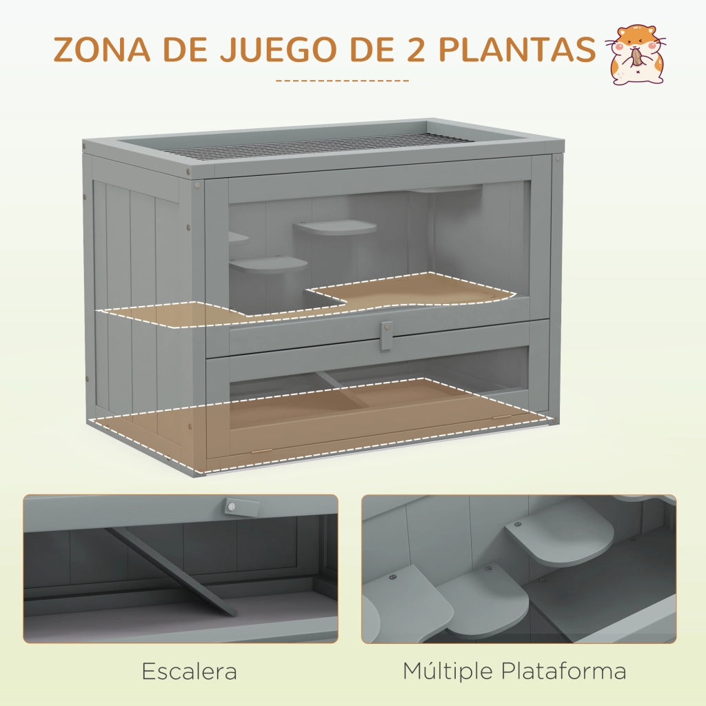 Gabbia per Criceti in Legno a 2 Livelli con Scale e Piattaforme 60x35x42 cm Grigio ¨C zephmum