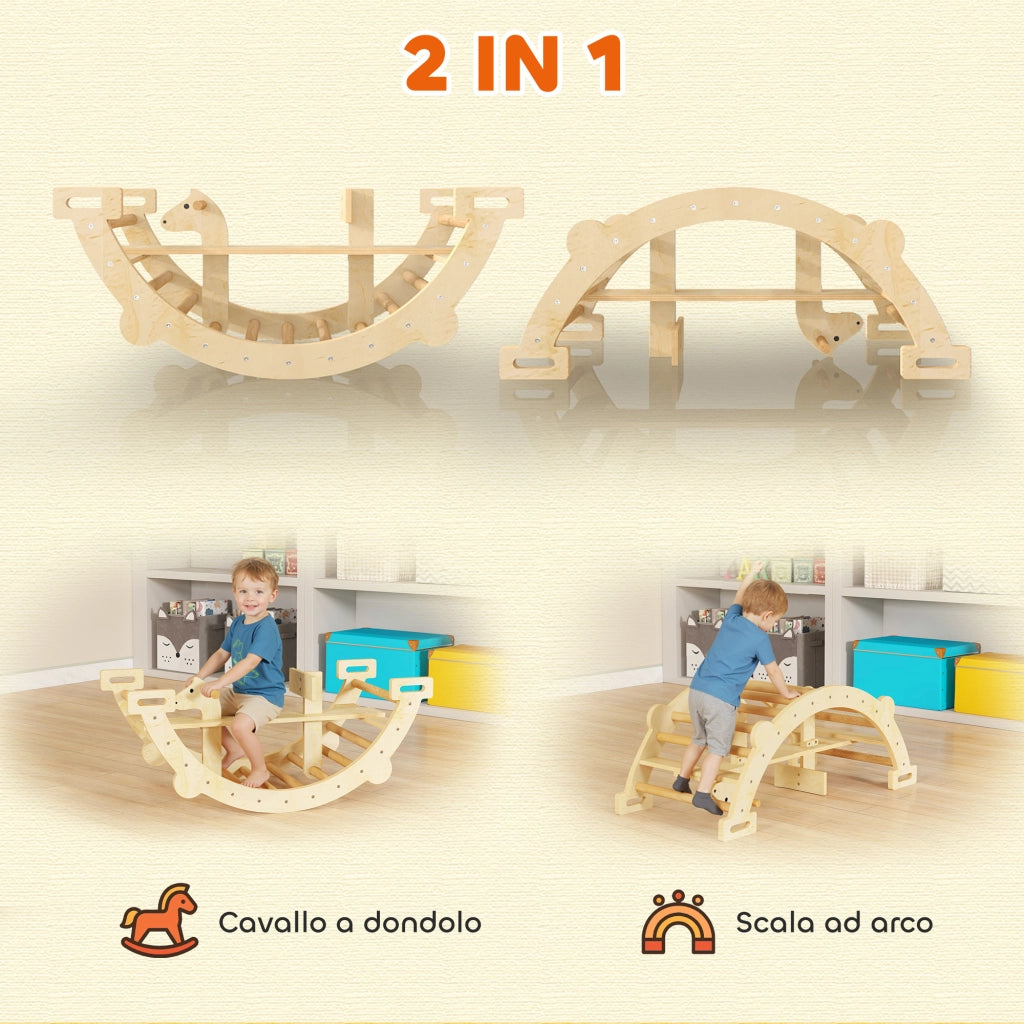 Arco Montessori per Bambini 2-4 Anni Convertibile in Dondolo 110x52x45 cm in Legno color Legno