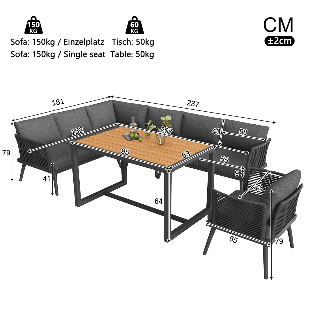 Salotto da Giardino con 4 Divani; 1 Poltrona e 1 Tavolino; Modulare a L; per 7 persone; Ferro; Grigio