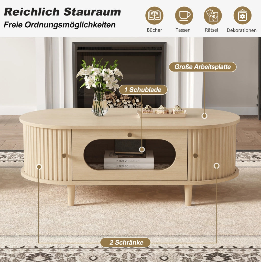 Tavolino da salotto 100x50x36 cm in MDF effetto legno; con cassetto e ante a serranda; oak