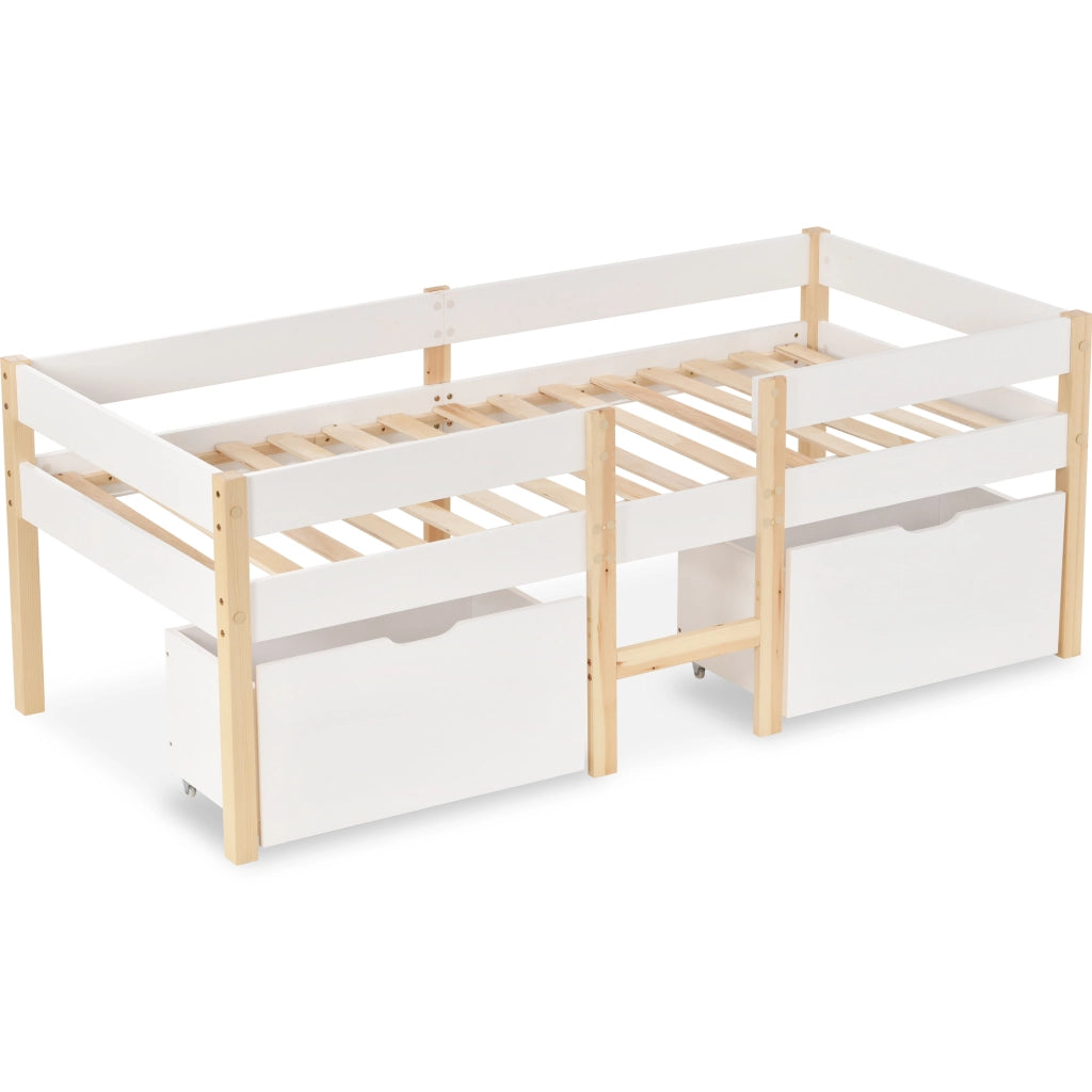 Letto Singolo in Pino Massello con Cassetto e Sponda ¨C MINIMAL ¨C Bianco e Rovere 90x190
