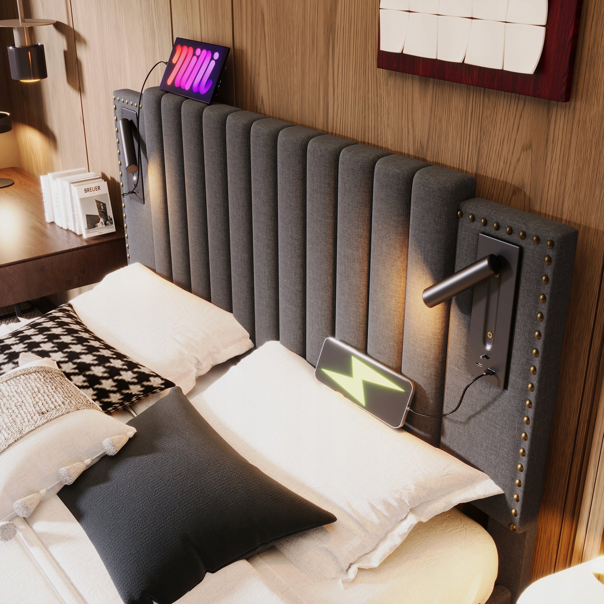 Letto imbottito 160x200 grigio con USB e materasso incluso - Xylo