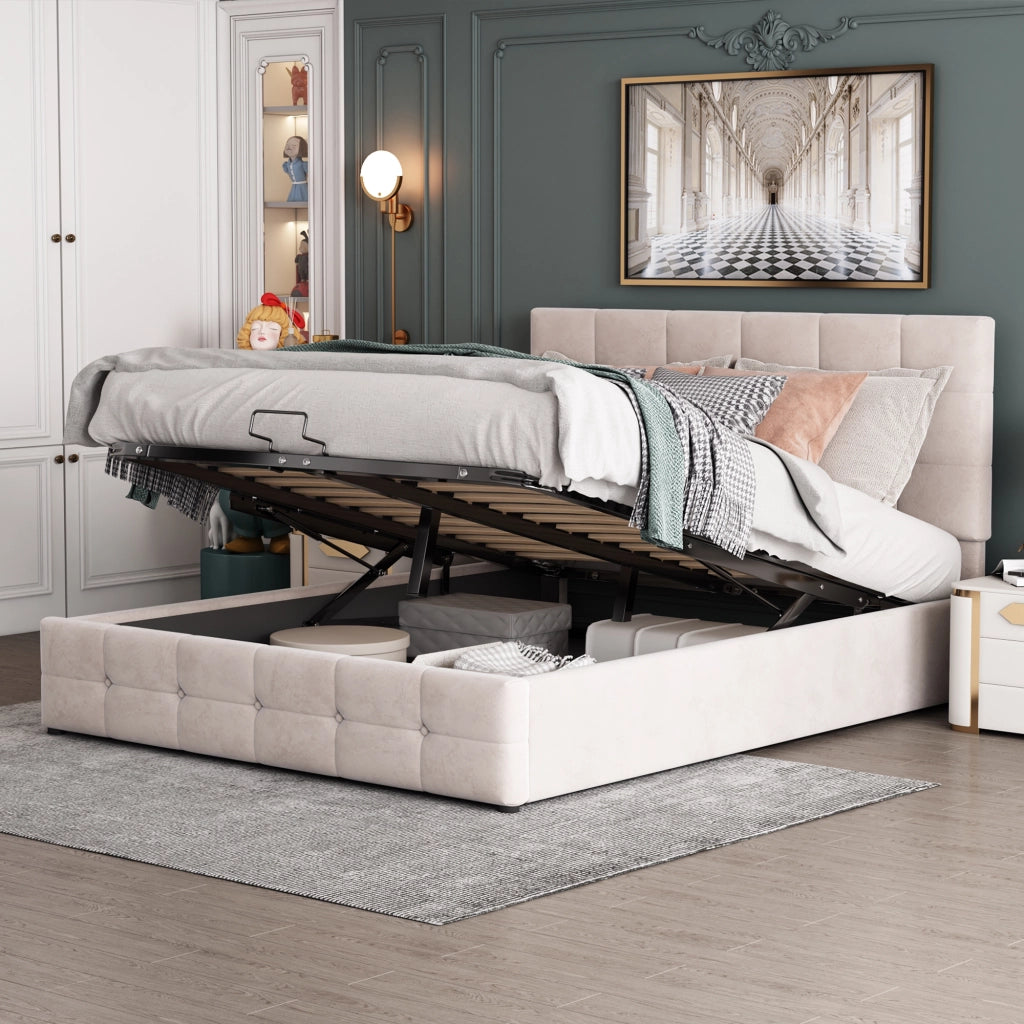 Letto Contenitore Matrimoniale 140x200 cm; sollevamento idraulico; in Velluto Crema