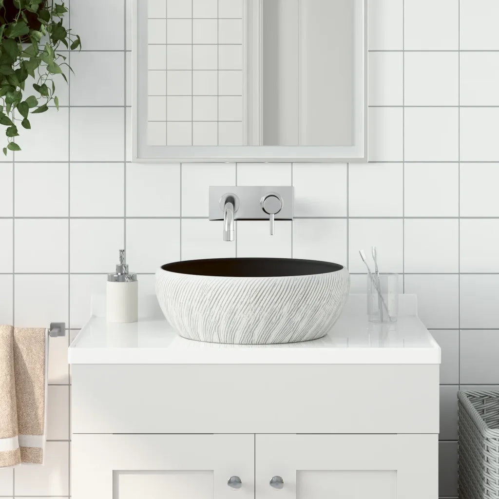 Lavabo da Appoggio Nero e Grigio Rotondo Φ41x14 cm Ceramica 155061