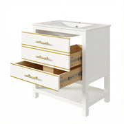 Mobile lavabo con lavabo in ceramica; 2 cassetti; 1 vano aperto; per bagno; bianco e oro; 76 × 46;5 × 86 cm