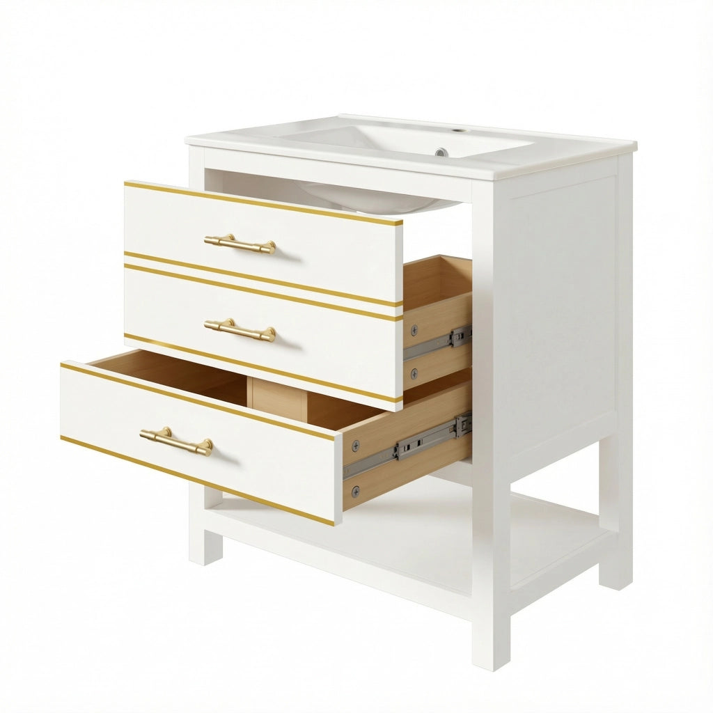 Mobile lavabo con lavabo in ceramica; 2 cassetti; 1 vano aperto; per bagno; bianco e oro; 76 × 46;5 × 86 cm