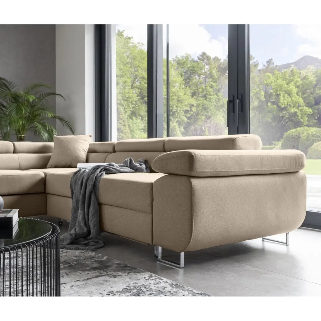 Divano angolare trasformabile MENTON beige in velluto – Angolo sinistro con baule