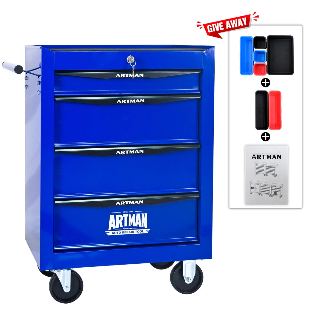 Cassettiera con ruote in acciaio con 4 cassetti e guide a sfere per garage e officina nero blu 60 × 33 × 77,5 cm
