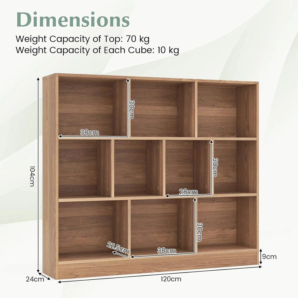 Libreria Aperta con 10 Scomparti, Libreria a 3 Livelli con Dispositivo Antiribaltamento, Mobile di Stoccaggio, Scaffale per Soggiorno, Ufficio (Naturale, 120 x 24 x 104 cm)