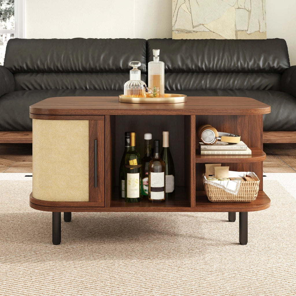 Tavolino basso con forma curva, vani aperti e scomparti laterali, in MDF e metallo, noce, 80 × 60 × 47 cm