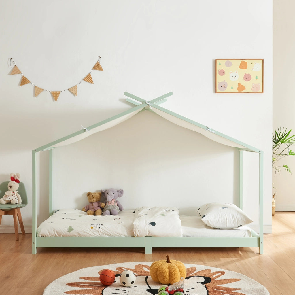 Letto Brome per Cameretta a Forma di Casetta e Materasso 90x200 cm Legno di Pino - Menta Verde [en.casa]