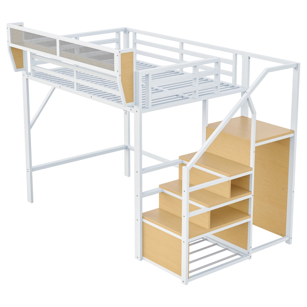 Hochbett in metallo 140x200 cm con scala di sicurezza e ripiano flessibile, bianco