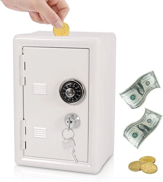 Cassa di Risparmio Adulti Metallica Contenitore di Denaro Scatola Segreta Chiave di Accesso Monete Contanti Casse di Contanti 18x12x10cm Bianco