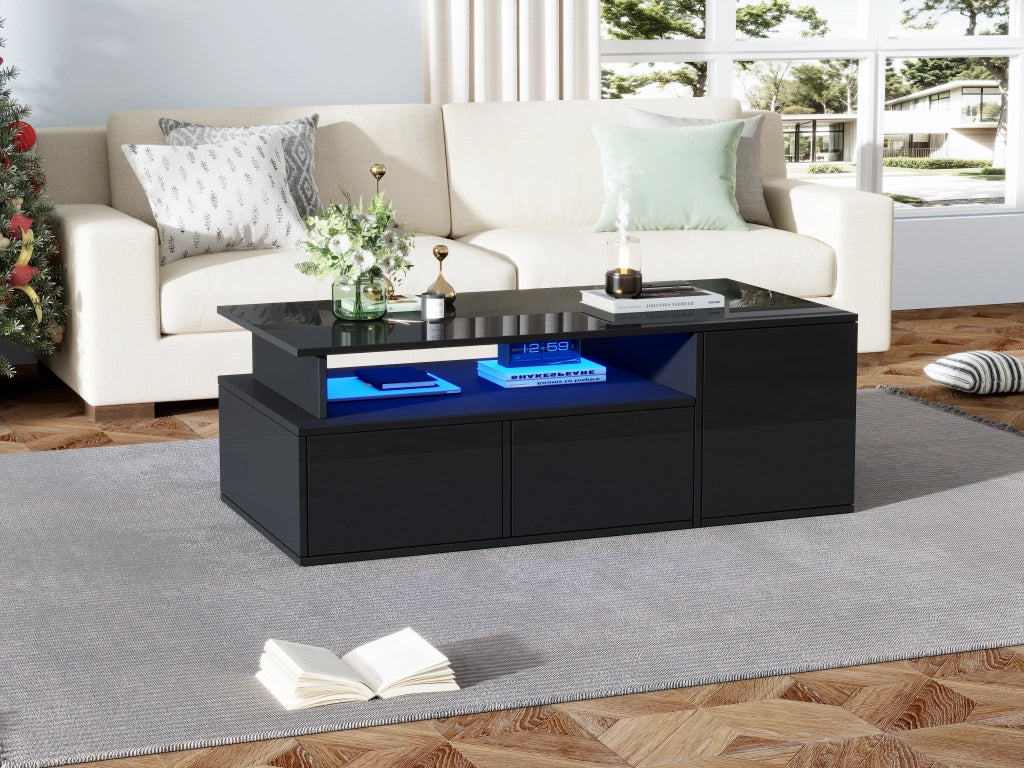 TAVOLO da salotto 100x50x35 cm Nero con LED e 2 cassetti