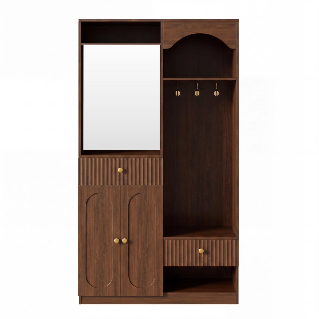 Mobile ingresso con specchio; panca e ganci; 2 cassetti; ripiani regolabili; LED; per ingresso; 100 Ã— 35 Ã— 180 cm