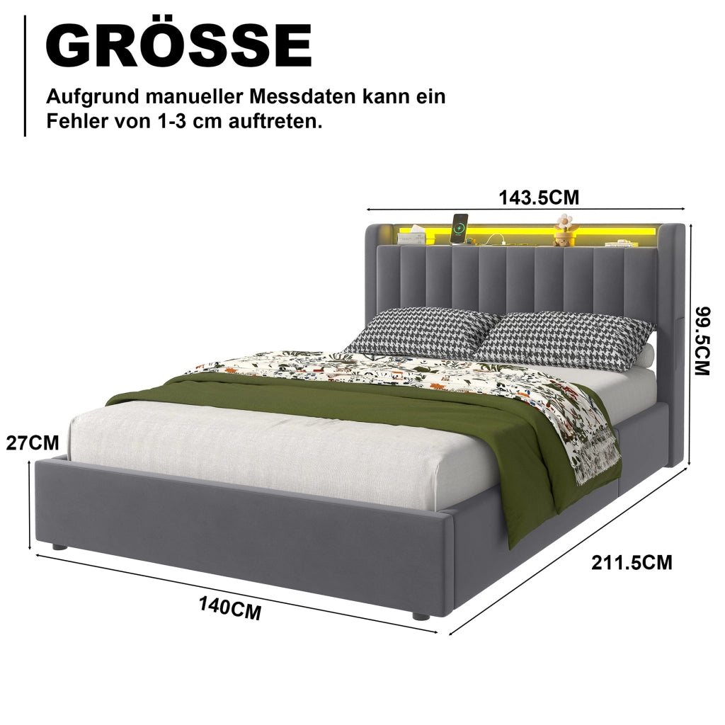 Letto Imbottito 140x190 cm Grigio Scuro in Velluto con Contenitore, USB e Luce d’Atmosfera