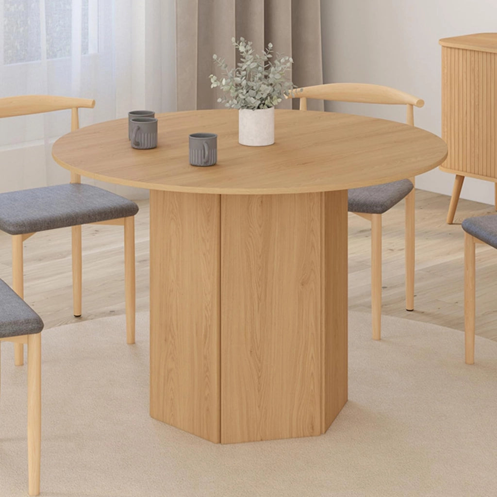Tavolo da pranzo rotondo BERTHE, 6 persone, gamba esagonale, effetto legno faggio 110 cm