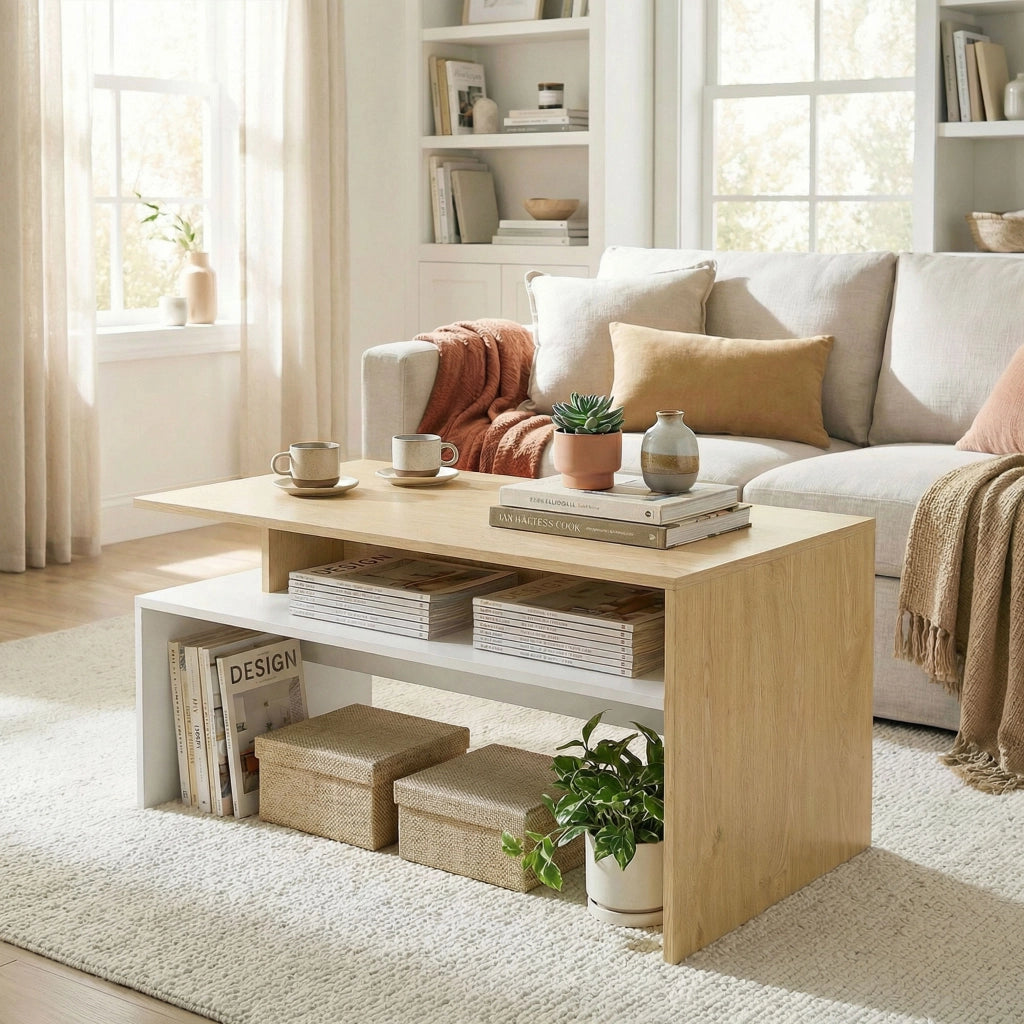Tavolino da Salotto 95x55x50 cm con Mensola Asimmetrica in MDF Legno Naturale e Bianco