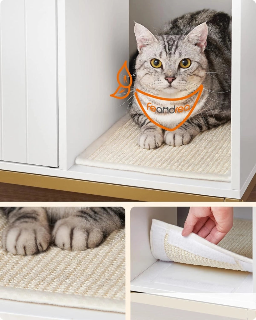 Feandrea Mobile Lettiera per gatti Casa del WC per gatti con tappetino raschiante, piedi alti, tavolino, 80 x 50 x 55 cm, bianco e oro PCL007W01