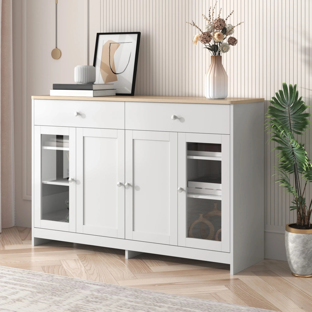 Credenza con 4 ante e 2 cassetti, ripiani regolabili, in MDF legno e bianco per cucina e soggiorno, 120 × 37 × 80 cm