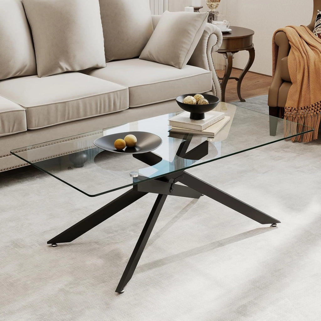 Tavolo da Caffè, Tavolino Salotto in Vetro Temperato con Gambe Incrociate in Metallo Placcato e Piedini Regolabili Antiscivolo, per Soggiorno e Ingresso, 120 x 60 x 45,5 cm (Nero)