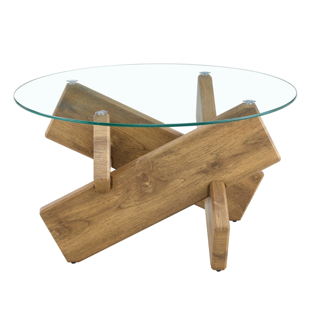 Tavolino da salotto rotondo in MDF e vetro; ?79 cm; altezza 45 cm; supporto a croce