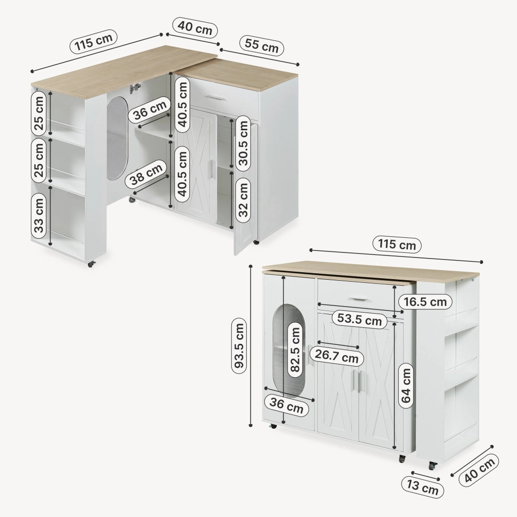 Credenza da Cucina Kudebola con Bancone Estraibile e Girevole 115 x 40 x 94 cm - Effetto Rovere / Bianco [en.casa]