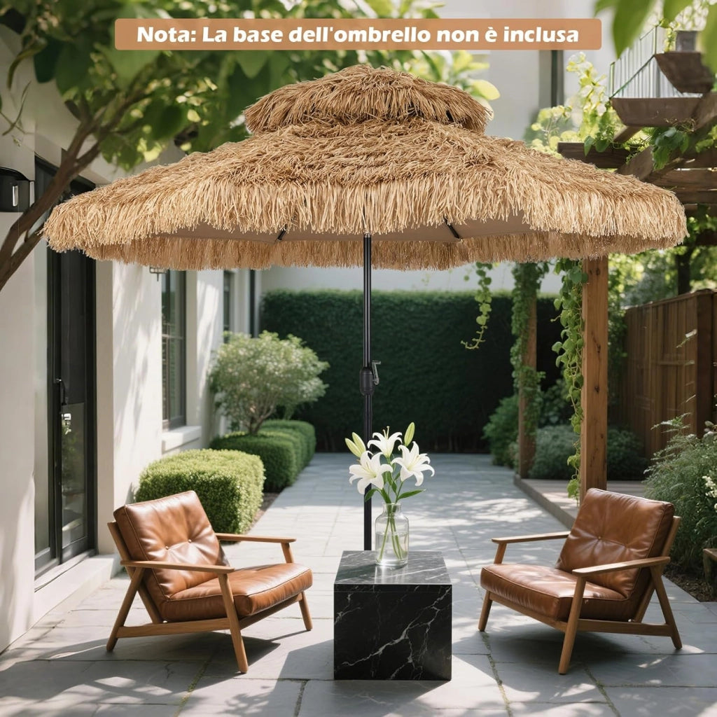 Ombrellone da Spiaggia 300 cm, Ombrellone Hawaiano in Paglia PE con 8 Stecche, Manovella Manuale, Inclinazione Regolabile, Ombrellone Portatile per Spiaggia, Patio