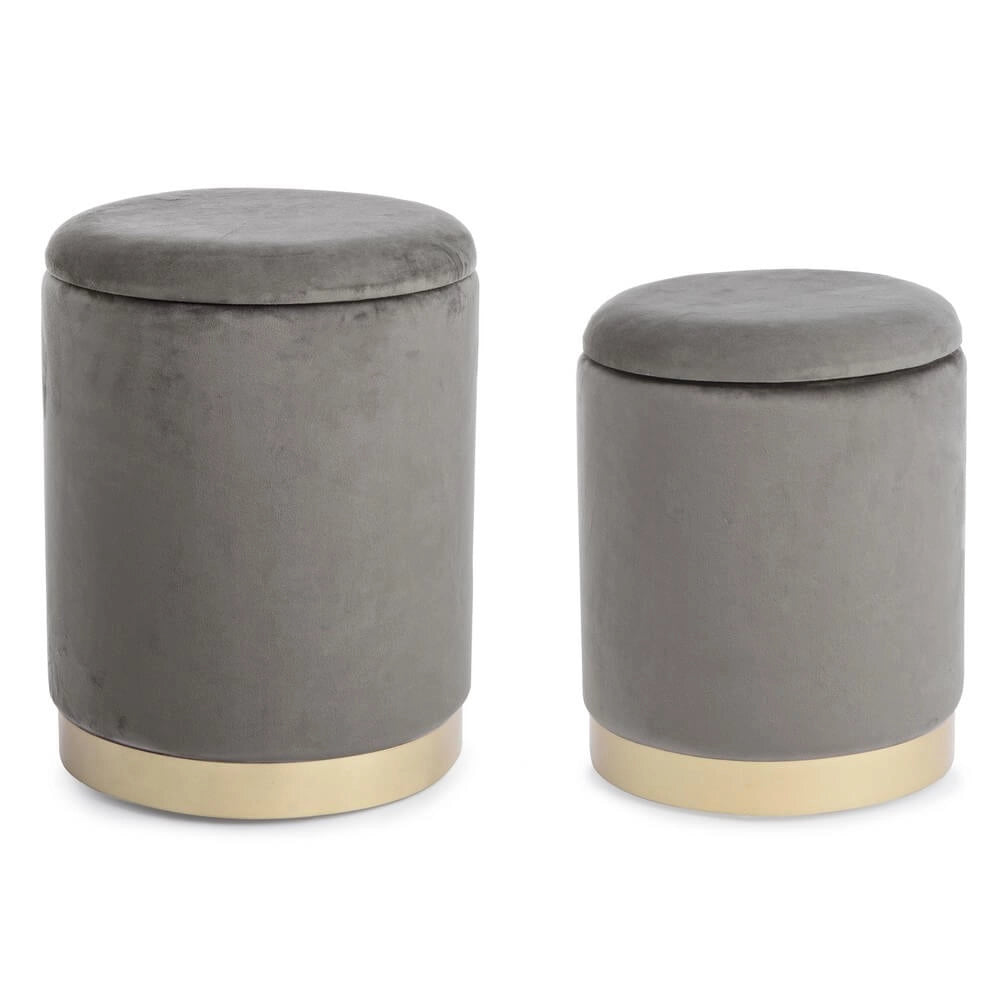 Set da 2 Pouf Contenitore Rotondi in Velluto con Base Dorata - SERENA